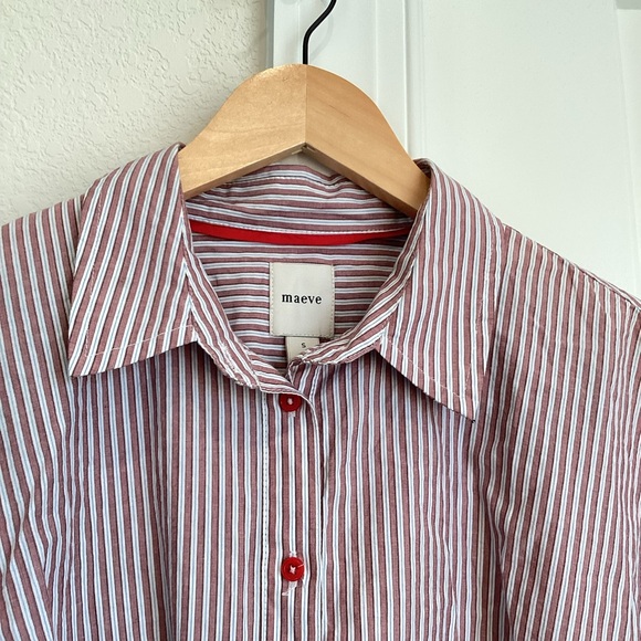 Anthropologie Long-Sleeve Waisted Button-Down Shirt Striped NEW Red Pattern - Picture 8 of 15